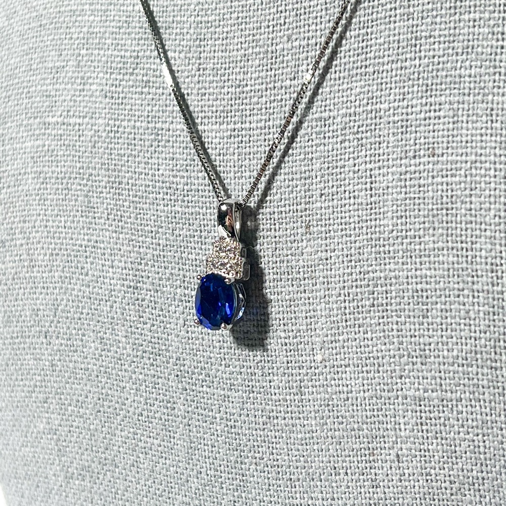 Lab Sapphire Pendant with Sterling Silver Chain - Picture 5 of 6